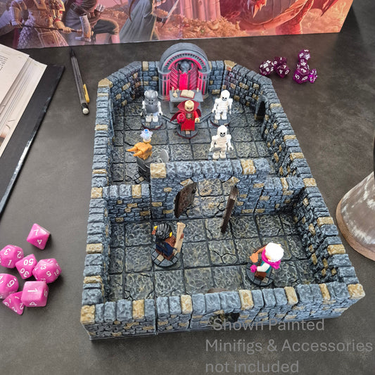 21-piece painted 3D printed BBEG Room dungeon tile set with LED altar and grand doors for tabletop RPG set up for game