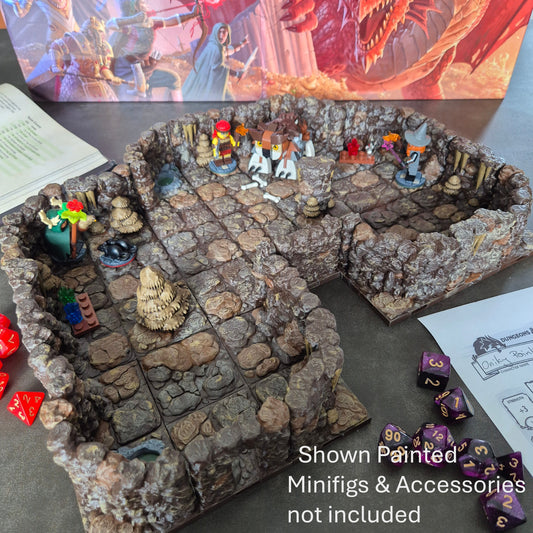 Dungeons & Dragons miniature setup with figurines and accessories on a stone-like terrain