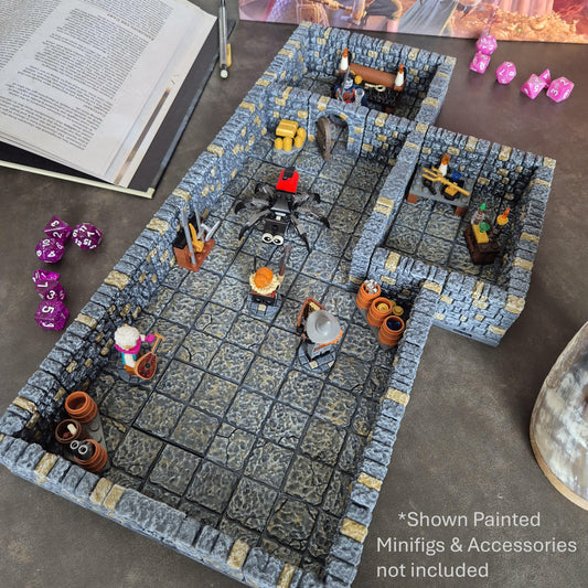 Painted 3D printed DragonLock starter set with modular dungeon tiles for tabletop RPG games set up for game