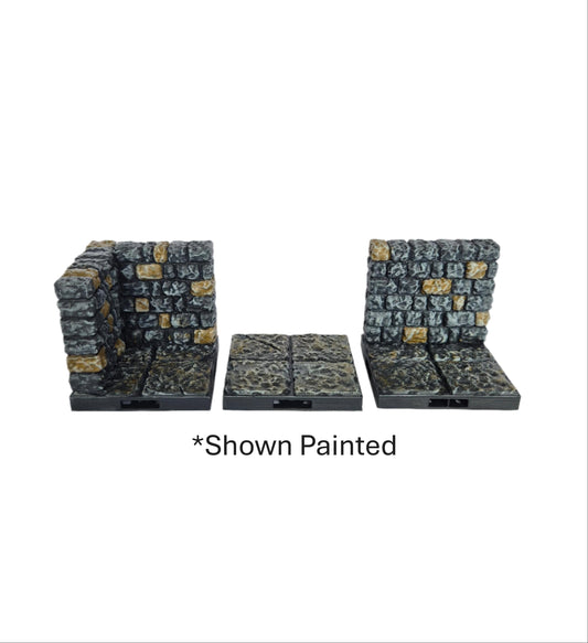 Three-piece painted 3D printed DragonLock dungeon tile sample set with full-height walls and 1-inch grid