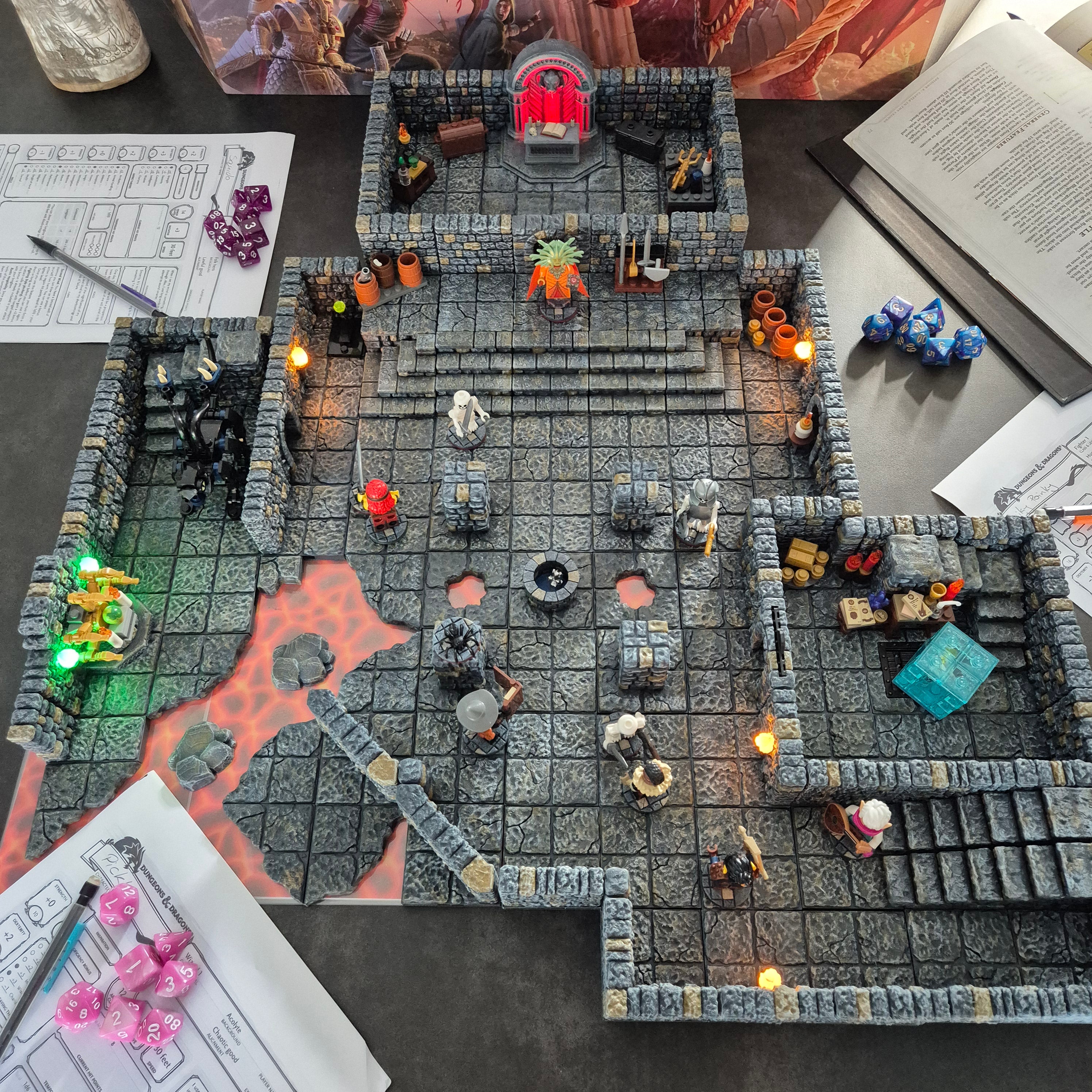 Set of 3D printed DragonLock dungeon tiles arranged for a tabletop RPG game – TTRPG Terrain by Printed Fantasy NZ